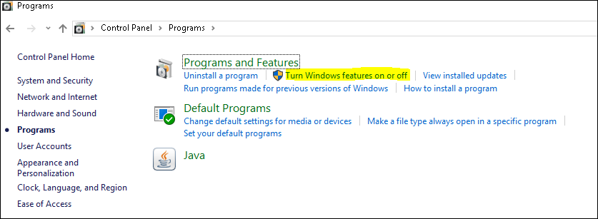 Turn Windows Features