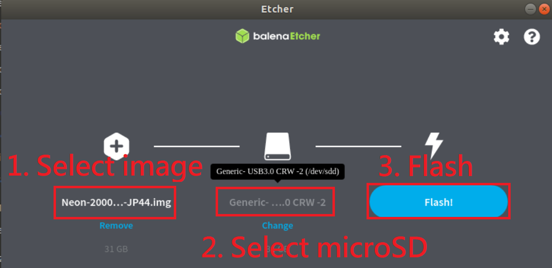 Flash by Etcher (take Jetpack4.4 for example)