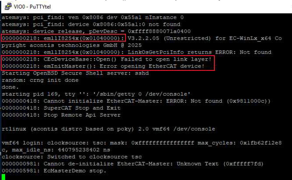 Putty showing Open() Failed to open link layer and Error opening EtherCAT device