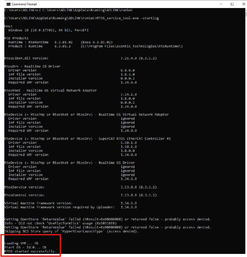 RTOS_service_tool -startlog showing RTOS started successfully